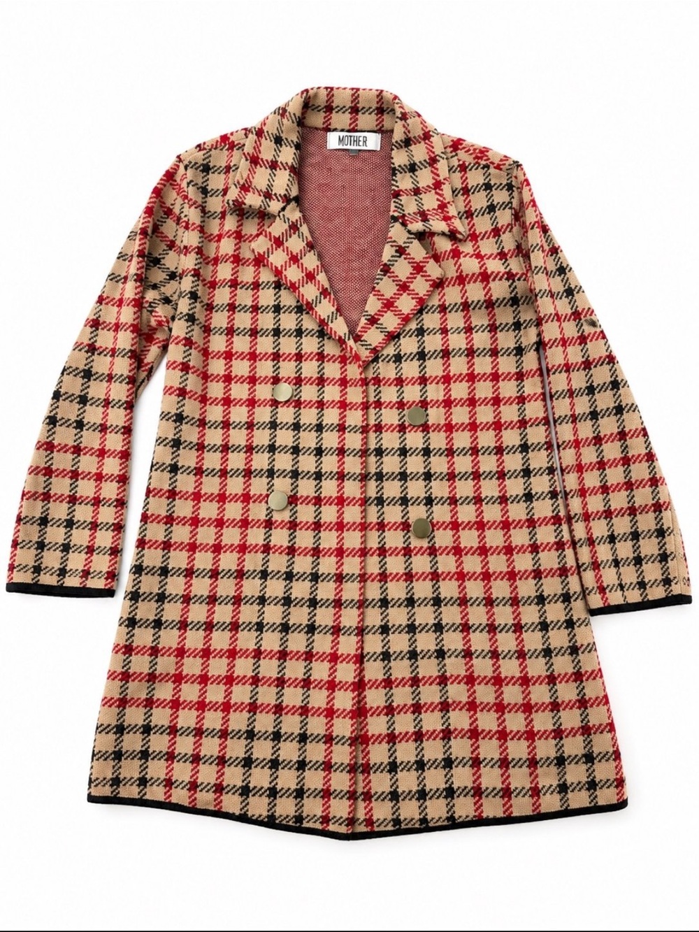 Kasper Double-Breasted Plaid Pea Coat in Beige, Red and Black